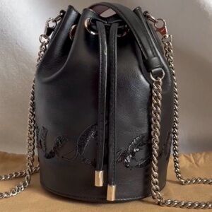 New Christian Louboutin Calfskin Sequin Marie Jane Bucket Bag In Black